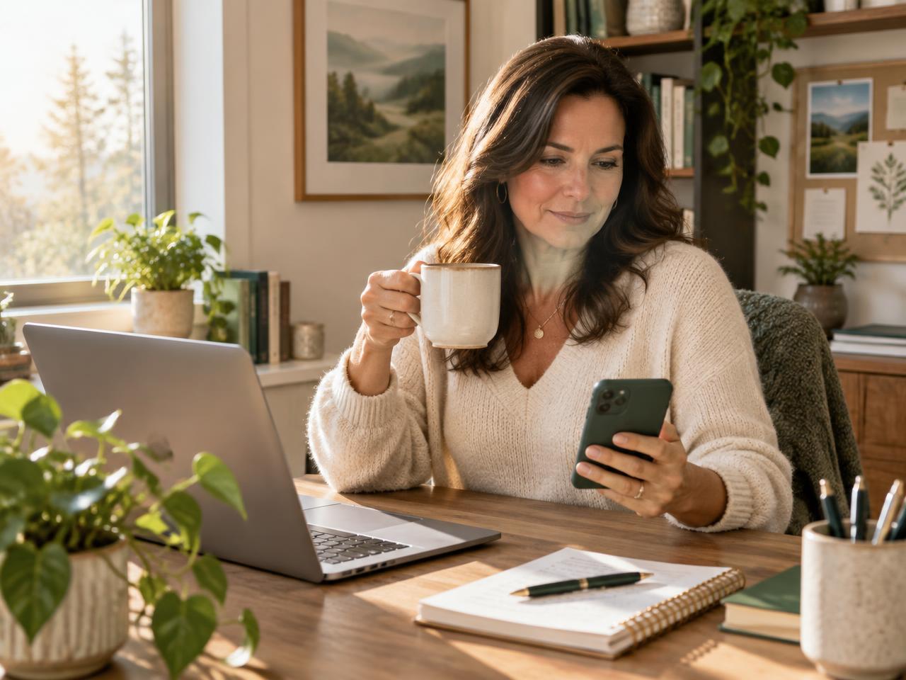 Loan officer at her desk with coffee and phone in morning light
